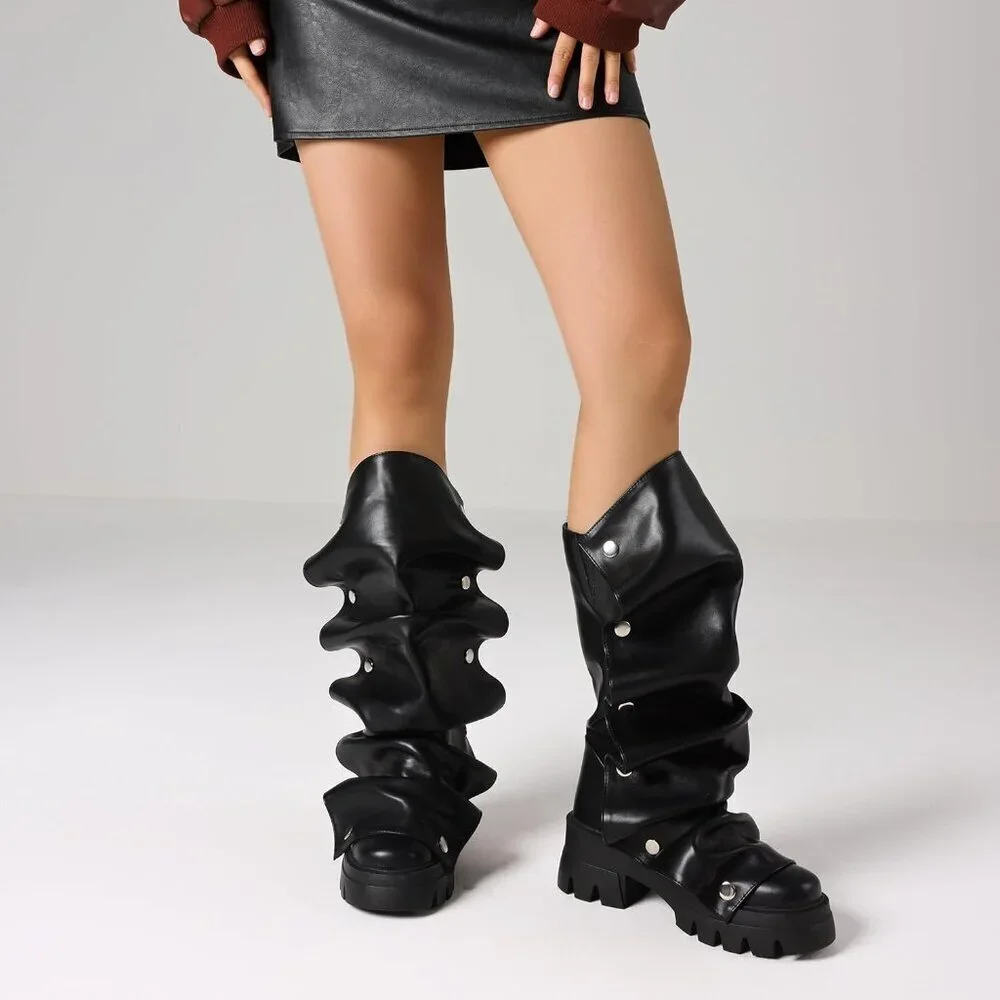 Women's Black Pu Fold Over Knee Slouchy Ruched Stacked Heel Round Toe Boots